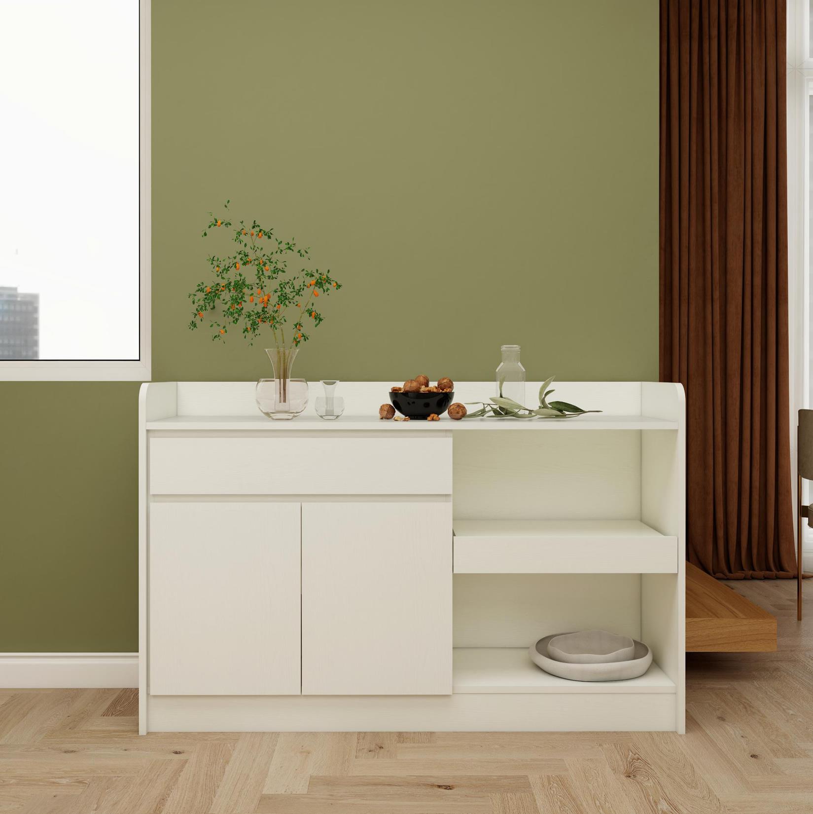 中古風奶油開放格帶抽盤小型餐邊櫃